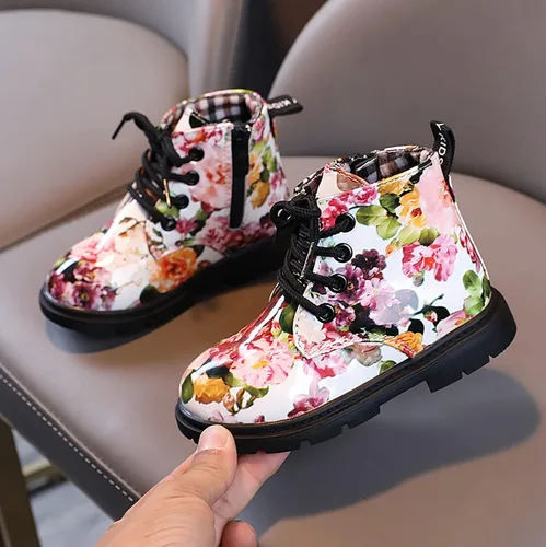 Vista 2 de Botas de tobillo para niños y niñas, botines con cremallera y estampado floral, zapatos de bebé