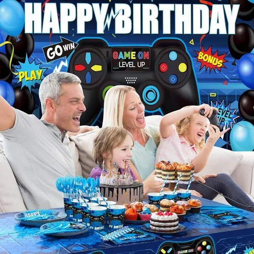 Vista 3 de Tatuo 152 piezas de suministros para fiesta de cumpleaños de videojuegos, cubierta de mesa para fiesta de jugadores, telón de fondo de feliz