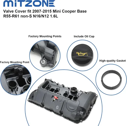 Vista 4 de MITZONE Cubierta de válvula de culata compatible con 2007-2016 Mini Cooper Base R55-R61 non-S N16/N12 1.6L Reemplazar 11127646554