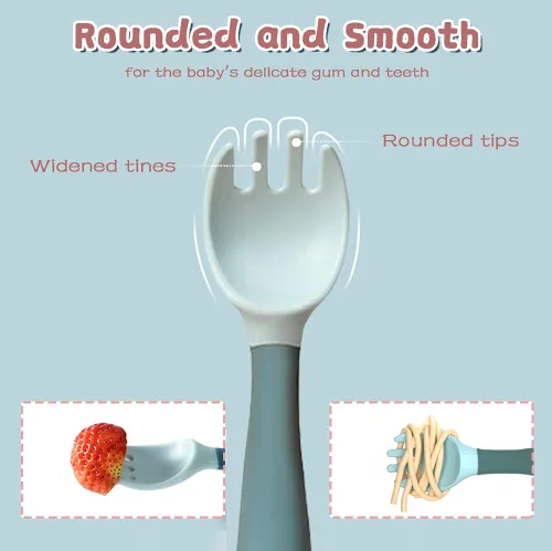 Vista 3 de Utensilios para niños pequeños con estuche de viaje, cuchara y tenedor para el aprendizaje de autoalimentación, cubiertos con mango flexible