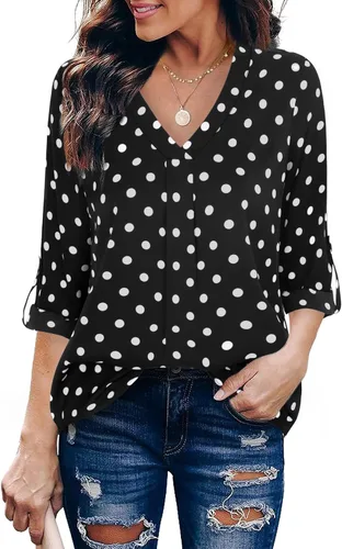 Vista 8 de Youtalia Blusas para mujer, elegantes, informales, de negocios, manga 3/4, de gasa, cuello en V, camisas de trabajo y oficina