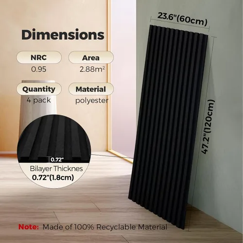 Vista 2 de Paquete de 4 paneles de pared acústicos de doble capa grandes autoadhesivos, 47.2 x 23.6 x 0.71 pulgadas, panel de pared insonorizado, barrera