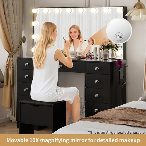 Vista 6 de VOWNER Tocador con espejo iluminado - Escritorio de maquillaje con luces y 11 cajones, 3 modos de iluminación de color con brillo ajustable