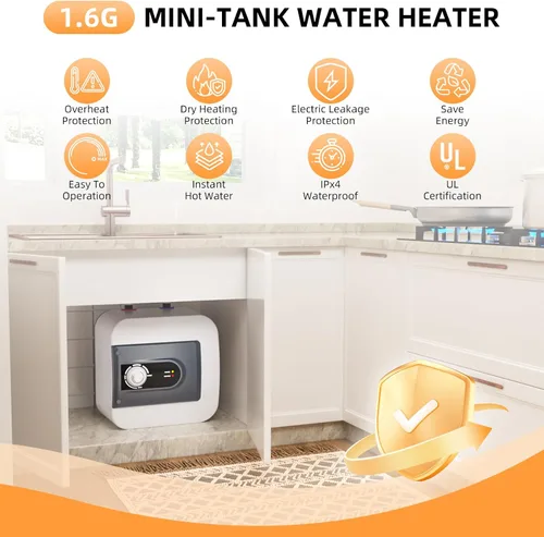 Vista 3 de Calentador de agua eléctrico de 1.6 galones, 1500 W bajo el fregadero, calentador de agua caliente bajo demanda, punto de uso montado en la pared