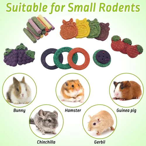 Vista 6 de Fhiny 27 piezas de juguetes masticables de conejo para dientes, golosinas naturales de conejo, chinchillas, bocadillo, juguetes molares