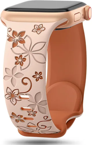 Vista 13 de Bandas con grabado floral compatibles con Apple Watch de 41mm 40mm 44mm 45mm 42mm 38mm 46mm 49mm para mujeres, correa deportiva de silicona suave