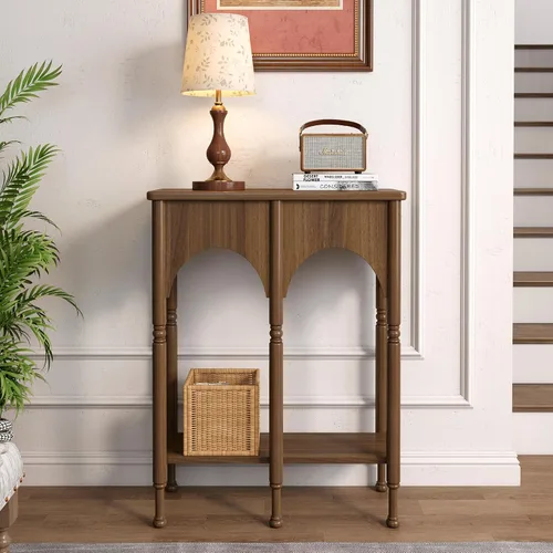 Vista 10 de Mesa consola con estante de almacenamiento, mesa de entrada pequeña y estrecha de 28 pulgadas Mesa de madera vintage con patas de estilo romano
