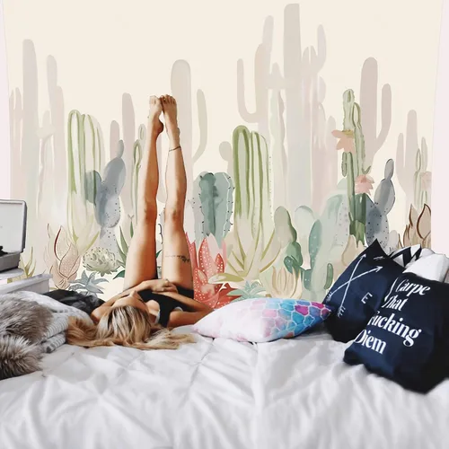 Vista 3 de Manicer Tapiz de cactus, coloridas plantas y hierbas, tapiz botánico para colgar en la pared, tapiz de paisajes naturales, mural para dormitorio