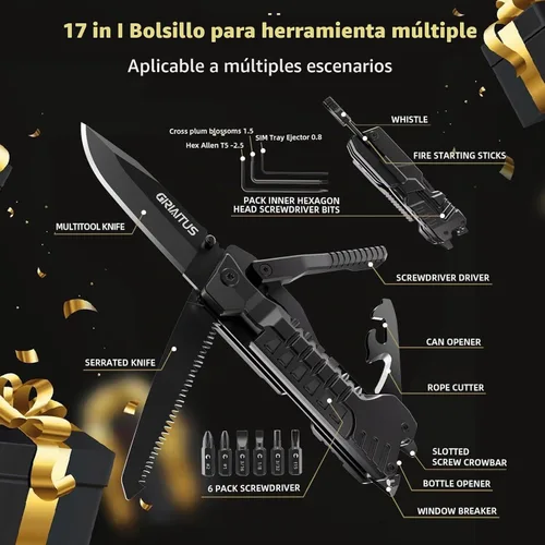 Vista 3 de Regalos de multiherramienta para hombres, rellenos de calcetines de Navidad para papá de hija e hijo, cuchillo multiherramienta 17 en 1 EDC,