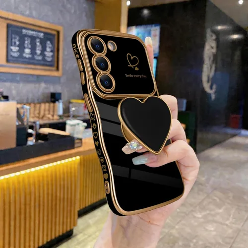 Vista 3 de Funda para Samsung Galaxy S22 Love-Heart Holder Case Cute Black Luxury Wave Frame forma rizada con corazón de amor, cubierta protectora de TPU suave
