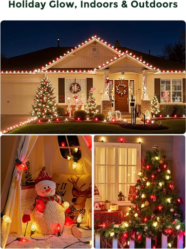 Vista 9 de Luces de cadena LED C9 de Navidad para exteriores, 26 pies, 20 luces LED de sendero de Navidad con 20 estacas de plástico, conectables e Rojo