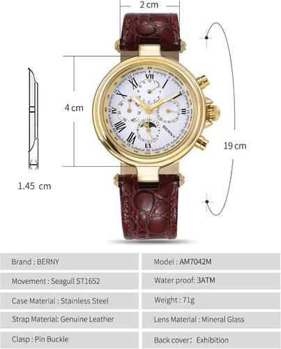 Vista 6 de BERNY Reloj automático para hombre, mecánico, cuerda automática, 3ATM, resistente al agua, multifuncional, cristal mineral, resistente a