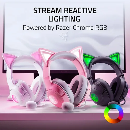 Vista 3 de Razer Kraken Kitty V2 Auriculares USB con cable orejas de gatito RGB Chroma - Iluminación reactiva de transmisión - Micrófono cardioide HyperClear