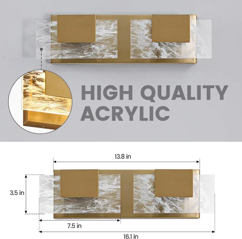 Vista 2 de Luz LED para Tocador de Baño: Accesorios de Iluminación Modernos de Acrílico en Dorado Cepillado de 16 pulgadas - 2 Luces Contemporáneas de Acabado