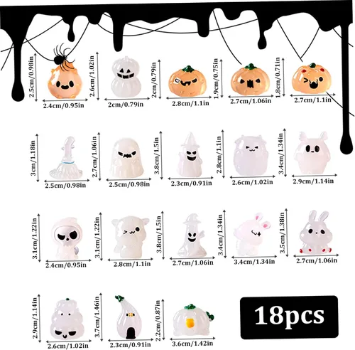 Vista 5 de Decoraciones de Halloween en miniatura, 18 piezas de accesorios de pueblo miniatura, calabaza, momia, conejo, fantasma, resina, que brilla