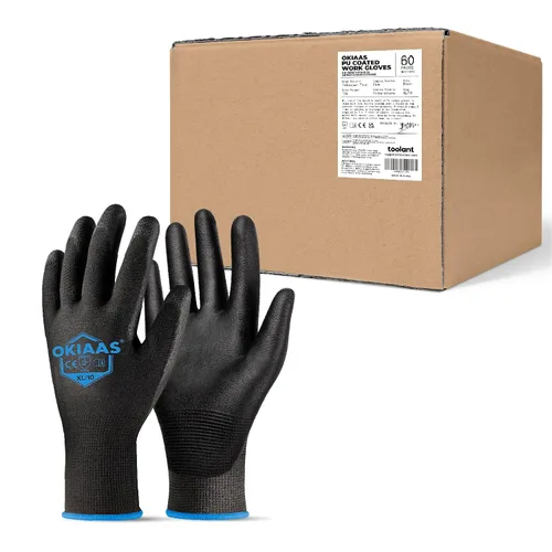 Vista 26 de OKIAAS Guantes de trabajo ultrafinos y ligeros para hombre con agarre, 12 pares, color negro, talla S