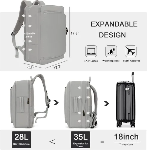 Vista 3 de G-FAVOR Mochila de viaje para hombres y mujeres, mochila de transporte aprobada con 4 cubos de embalaje, Gris expandible, Mochilas de viaje