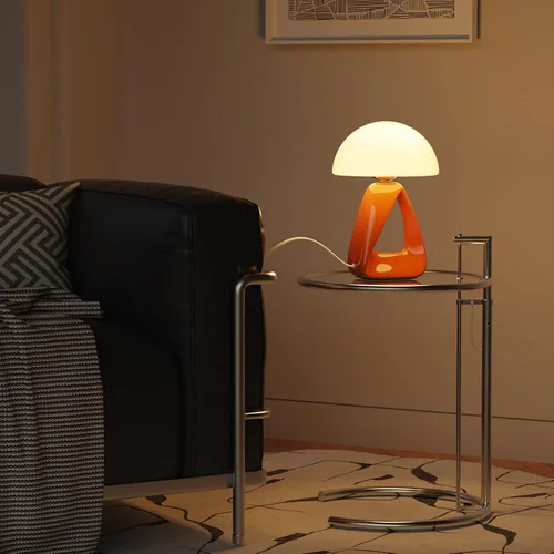 Vista 6 de Lámpara de hongo, pequeña lámpara de mesa para dormitorio, lámpara de noche creativa geométrica con base de cerámica, lámpara de mesa auxiliar