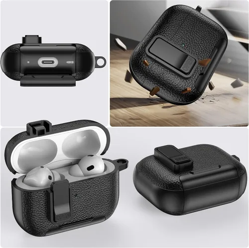 Vista 6 de Funda de cuero con clip de bloqueo para AirPods Pro 2ª/1ª con mosquetón, soporte de carga inalámbrica con soporte, cubierta de protección resistente