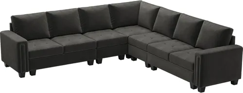 Vista 7 de Belffin Sofá modular de terciopelo en forma de L, sofá seccional convertible de gran tamaño con diván reversible para sala de estar, gris