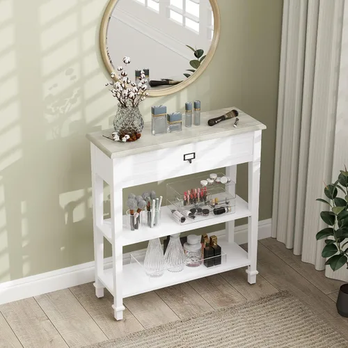 Vista 4 de kinbor Accent - Mesa consola blanca con cajón y estante, mesa de sofá de madera con almacenamiento para entrada, pasillo, sala de estar
