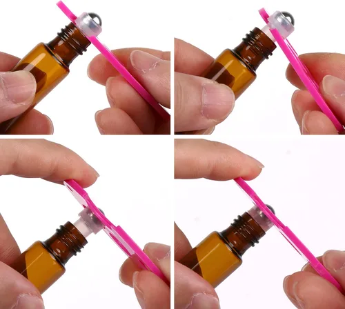Vista 6 de MaxMau Paquete de 24 Botellas de Vidrio Ámbar de 5ml para Aceites Esenciales, Botella Roll-on con Bolas Rodantes de Acero Inoxidable, Tapas Pintadas