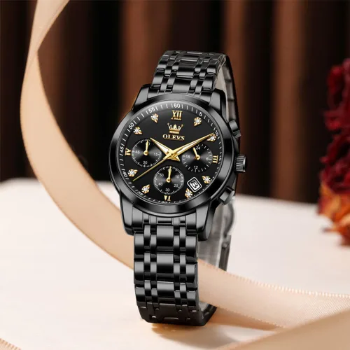 Vista 6 de OLEVS Reloj multifuncional de dos tonos para mujer, reloj analógico de cuarzo para mujer, de acero inoxidable, resistente al agua, con diamantes