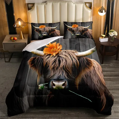 Vista 39 de Ropa de cama con estampado de vaca marrón tamaño individual, juego de edredón rústico de piel de vaca con calavera de vaca, relleno de edredón