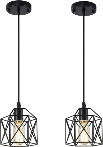 Vista 9 de Lámpara colgante negra, lámpara colgante vintage rústica de granja, lámpara colgante de metal industrial, mini jaula para cocina, isla, dormitorio