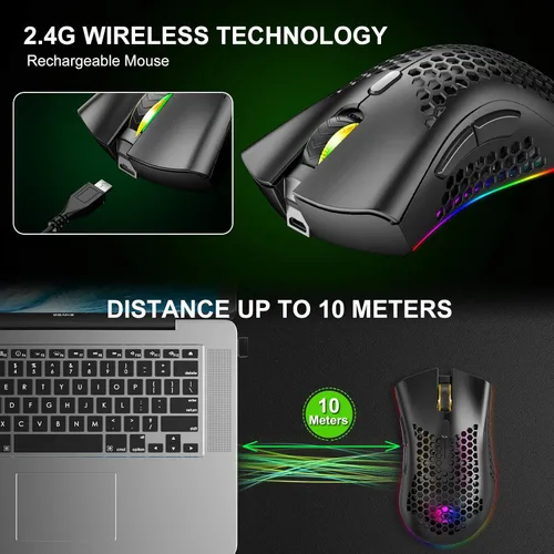 Vista 2 de AAJO Mouse inalámbrico para juegos mouse USB con carcasa de panal de abeja mouse retroiluminado RGB Chroma agarre cómodo de Hyperspeed ratones