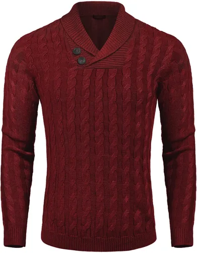 Vista 2 de COOFANDY Suéter de punto trenzado con cuello de chal para hombre, ajuste delgado, informal, con botones
