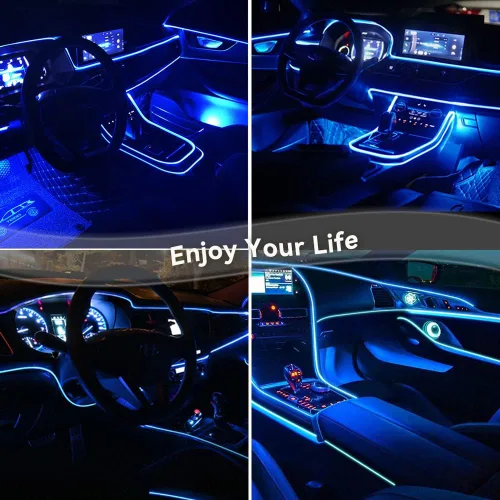 Vista 5 de Luces de cable EL para el interior del coche, luz de panel azul neón de 16 pies/5 m, tira de luz LED para coche, USB 5V, decoración