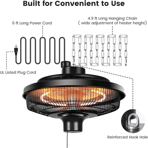 Vista 3 de Fanspex Calentador Colgante de Patio, Calentadores Eléctricos de 1500W por Infrarrojos para Hogar, Cenador, Garaje, Invernadero, Montaje en Techo
