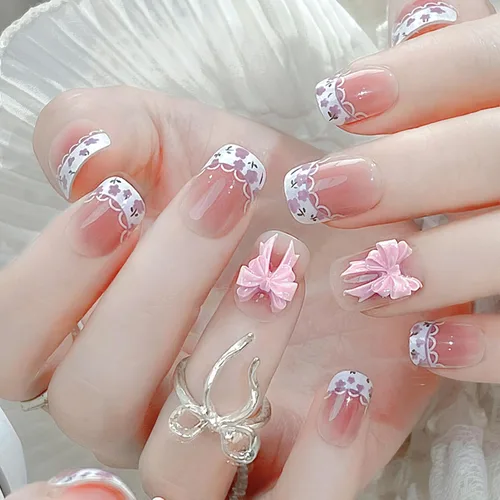 Vista 22 de 24 uñas postizas cuadradas a presión, cortas, bonitas, florales, acrílicas, con diseños de flores de arcoíris, uñas reutilizables con pegamento