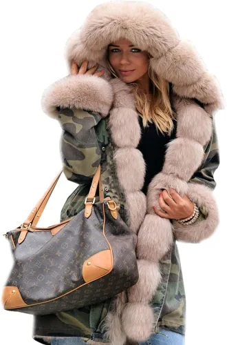 Vista 2 de Roiii Women Thicken Warm Winter Coat Hood Down Parka Faux Fur Outdoor Overcoat Long Jacket Outwear