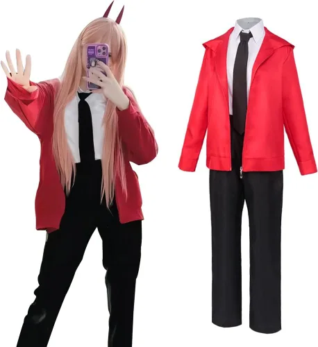 Vista 4 de Disfraz de hombre de motosierra, vestido negro de Makima, uniforme de cosplay, traje de Denji, traje de chaqueta eléctrica para Halloween