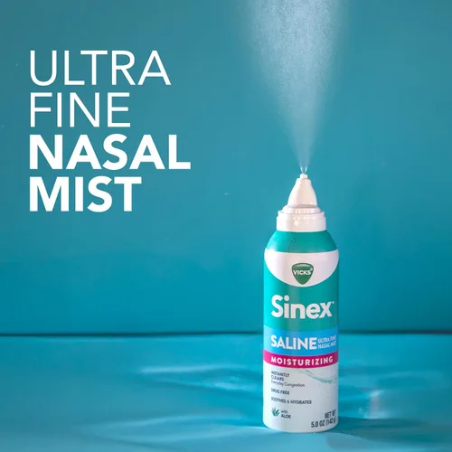 Vista 4 de Vicks Sinex Spray nasal hidratante salino, con aloe, niebla ultrafina sin medicamentos, limpia la congestión sinusal diaria rápida, elimina