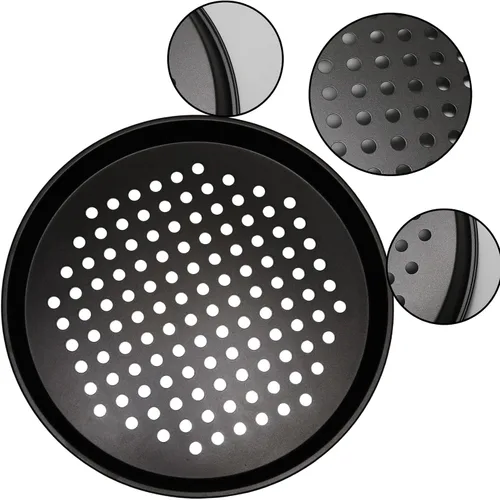 Vista 3 de Sartén redonda de pizza de 10 pulgadas con agujeros, sartenes de acero al carbono para pizza congelada y casera, bandeja de pizza antiadherente