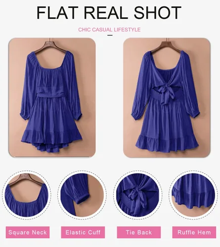 Vista 3 de Dokotoo Vestido largo para mujer, manga farol, cuello cuadrado, lazo sin espalda, vestido sexy con volantes, cintura elástica, acampanado, mini