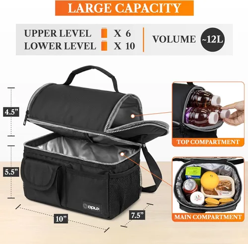 Vista 2 de Opux - Bolsa de almuerzo aislada de doble compartimento para hombres y mujeres Bolsa de almuerzo reutilizable con correa para el hombro, forro