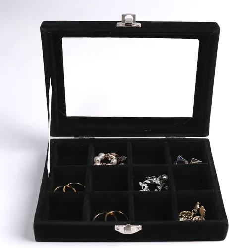 Vista 2 de Frebeauty Bandeja organizadora de joyas con tapa transparente, 12 rejillas de terciopelo con tapa transparente, vitrina de joyería, caja de joyería