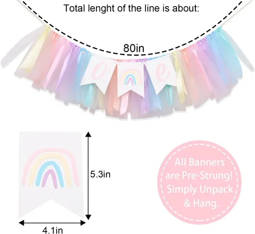 Vista 2 de Cartel para silla alta de arcoíris pastel, cartel de tul y cinta para silla de bebé de primer cumpleaños, decoraciones de arcoíris