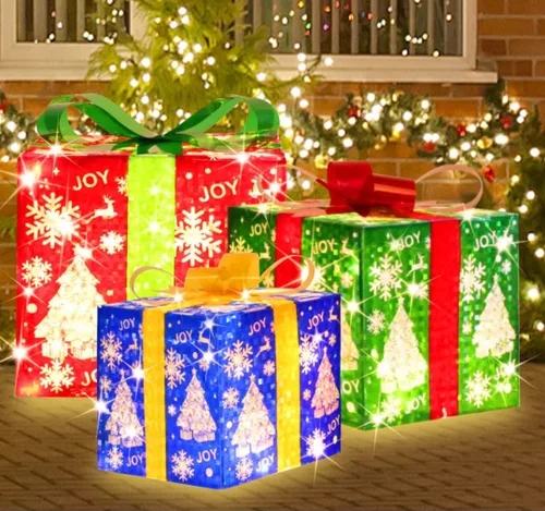 Vista 3 de LAMPHOME Cajas Iluminadas de Navidad, juego de 3 cajas de regalo decorativas con 91 LED, luces cálidas con parpadeo, cajas decorativas para Cajas