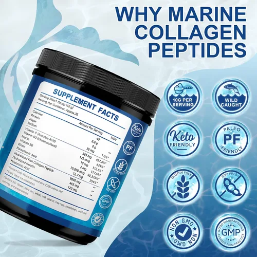 Vista 3 de ZEBORA Polvo de péptidos de colágeno marino con ácido hialurónico, queratina, colágeno hidrolizado tipo I II III V X - Apoya las articulaciones