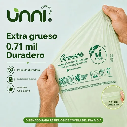 Vista 4 de Bolsas de basura compostables UNNI, 2.6 galones / 9.84 litros, 100 unidades, extra gruesas de 0.71 mil, forros para contenedores pequeños de restos