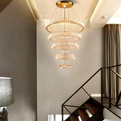 Vista 2 de Lámpara candelabro LED de cristal grande, moderna de 5 anillos, luz colgante ajustable para dormitorio, comedor, cocina (blanco cálido).