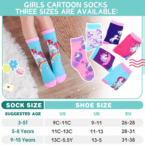 Vista 5 de EBMORE Kids Girls Socks Cotton Crew Cute Animal Pattern Fashion Fun Novelty Socks 6 Pack