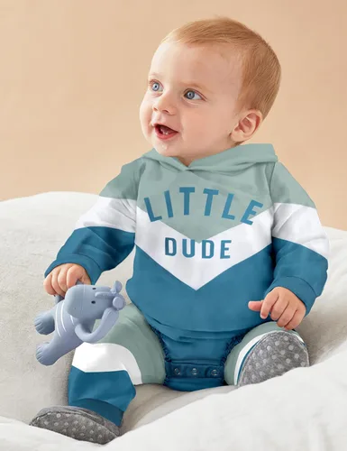 Vista 2 de Ropa para bebé niño, bloque de color, sudadera con capucha de gran tamaño, mameluco, pantalones largos, conjunto de trajes de otoño e invierno