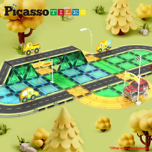 Vista 5 de PicassoTiles Azulejos Magnéticos de Construcción Pista de Autos Vehículo Magnético Tema de Aventura Calle Impresa Carretera Pista Autopista Bloque