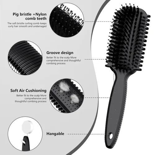 Vista 2 de Cepillo de pelo rizado, cepillo definidor de rizos, cepillo de pelo, flexible, mejora de rizos, reduce tirones (negro)